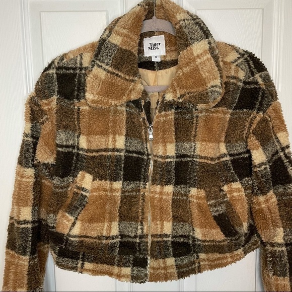 TIGER Mist Brooklyn Jacket Brown Plaid Fuzzy Zip Cropped Sherpa Coat small - Picture 5 of 11